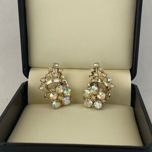 Elegant Vintage Jewelry Aurora Borealis Gold Tone Clip on Earrings